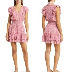 Poupette St Barth Camila Floral Print Smocked Mini Dress Pink Womens Size XS/S